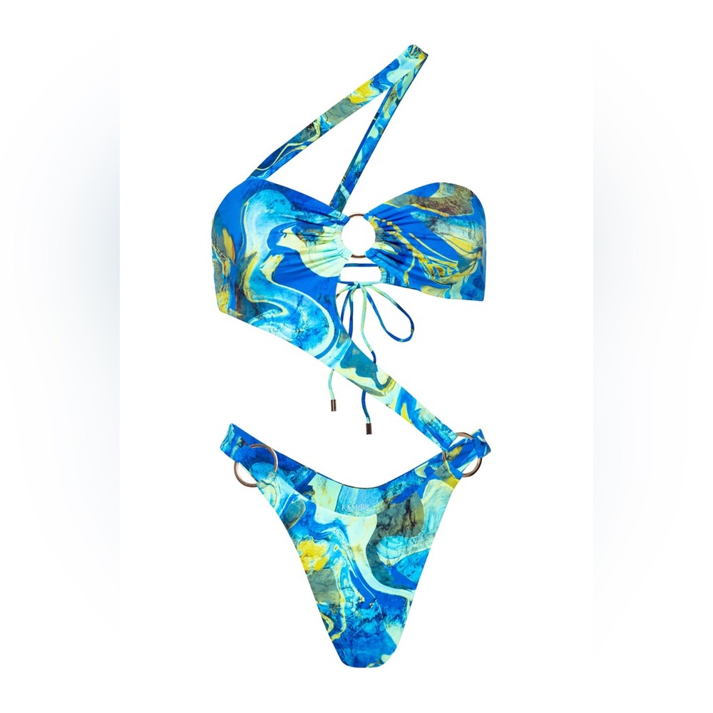 Kamari Swim Blue/Green Skye Asymmetrical One Piece Monokini Swimsuit size M - Picture 2 of 10